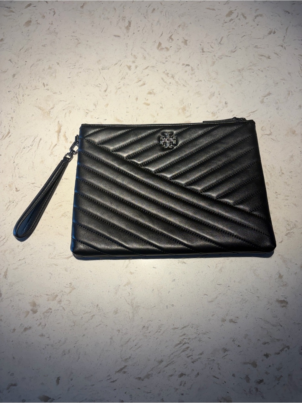 Tory Burch Black Quilted Leather Wristlet Clutch with Logo